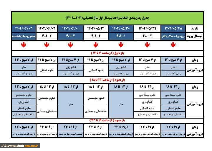 انتخاب واحد ترم آینده (مهرماه ۱۴۰۲) از ۲۸ مردادماه با توجه به جدول زمانبندی فوق